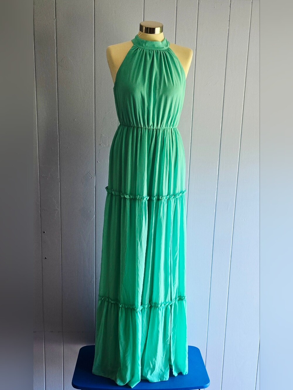 Ricarica Vibrant Aqua-Green Tiered Halter Maxi Dress Womens Size Small